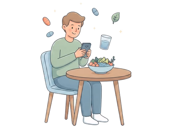 Illustration of a plate of food and a row of supplement bottles connected by a gentle timeline, representing Tavita's food and supplement tracking